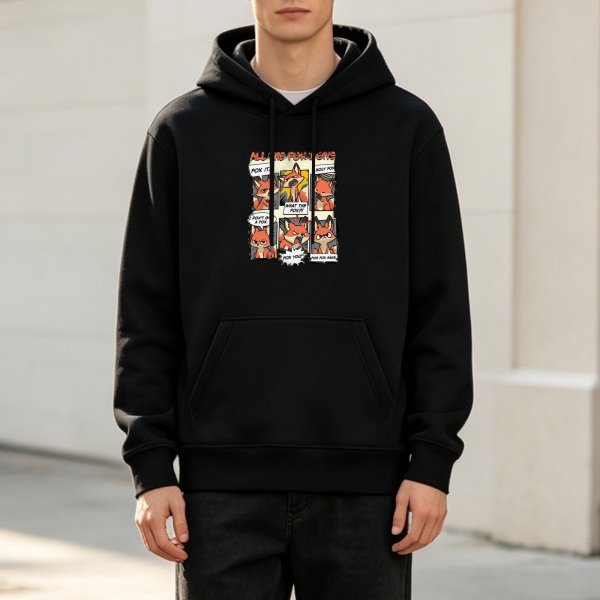 Black hoodie with comic style fox graphic print