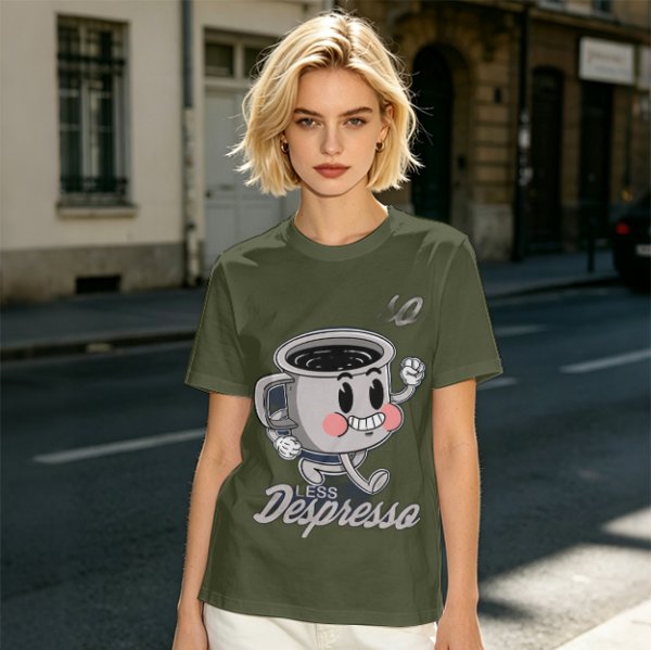 Olive green t-shirt with running espresso cup graphic and 'Less Despresso' text