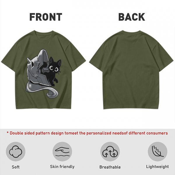 Olive Green T-Shirt With Black Cat Peeking From Knight Helmet Art