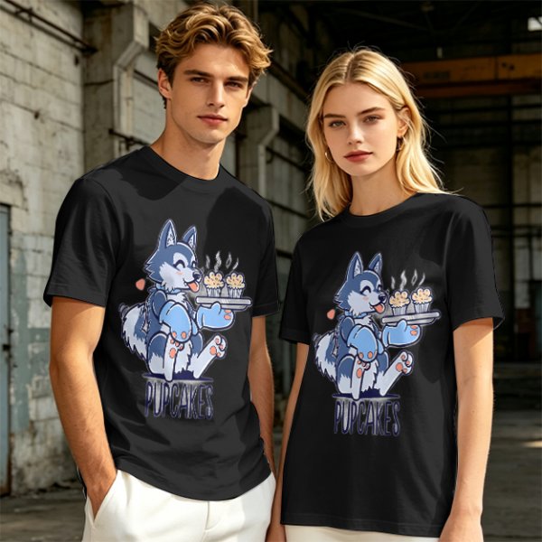 Olive green t-shirt with a husky holding pupcakes graphic