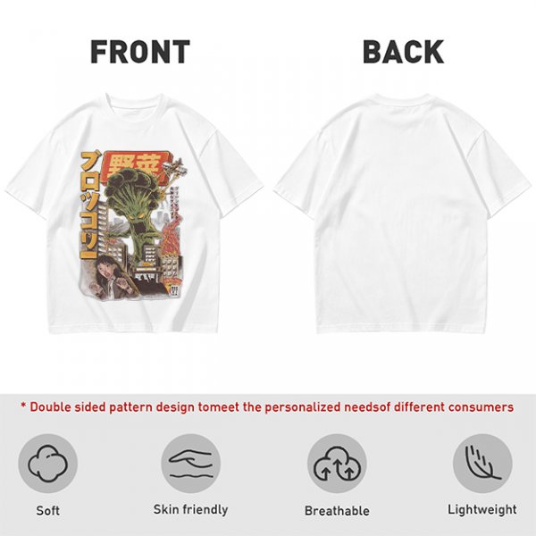 Olive T-shirt with Giant Broccoli Monster Attacking City Art