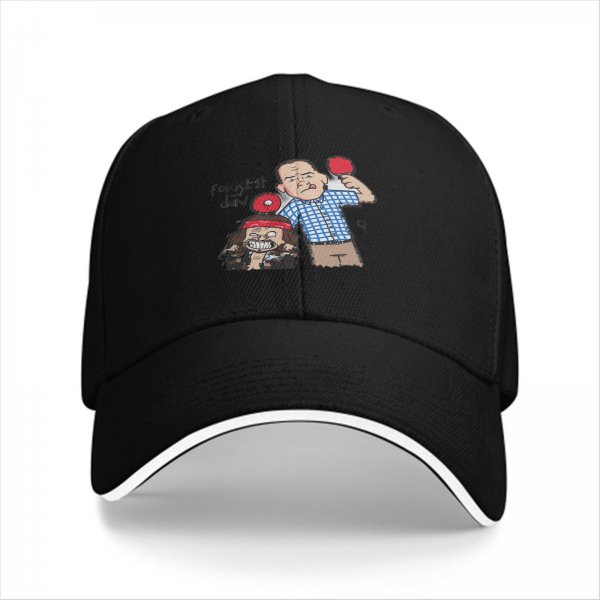 Black baseball cap with Forrest Gump ping pong cartoon graphic