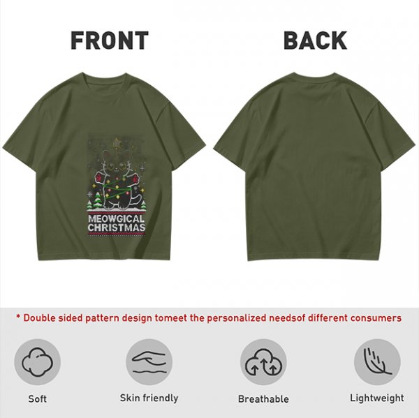 Olive Green Christmas Cat T-Shirt With Meowgical Christmas Print