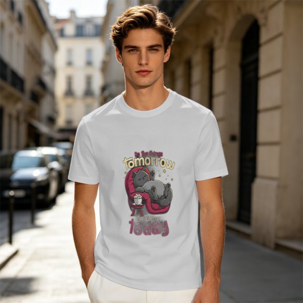 Olive T-Shirt With Relaxed Cat 'Tomorrow For A Better Today' Print