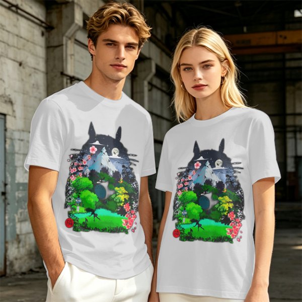 Olive Green T-Shirt with Totoro Nature Landscape Graphic Print