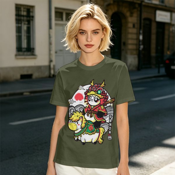 Olive T-shirt with Panda Warrior Riding Mythical Horse Graphic