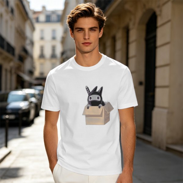 Olive Green T-Shirt With Ninja Cat In Cardboard Box Graphic