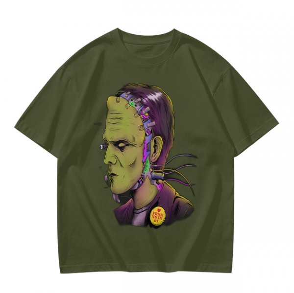 Olive T-Shirt with Frankenstein Monster Portrait Print