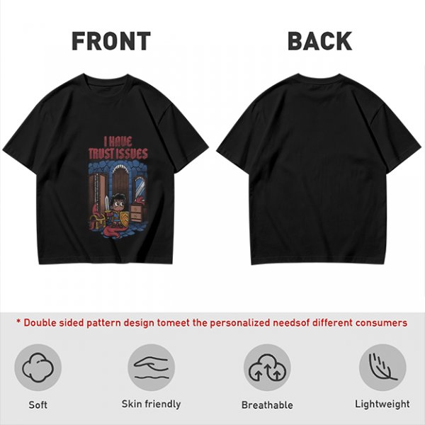 Olive t-shirt with 'I Have Trust Issues' chibi knight graphic