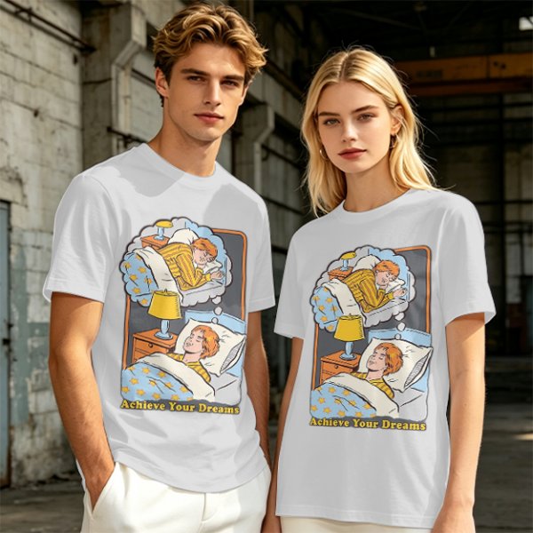 Olive graphic t-shirt with sleeping person and 'Achieve Your Dreams' text