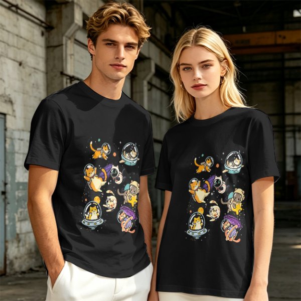 Olive T-Shirt With Playful Space Cats Graphic Print