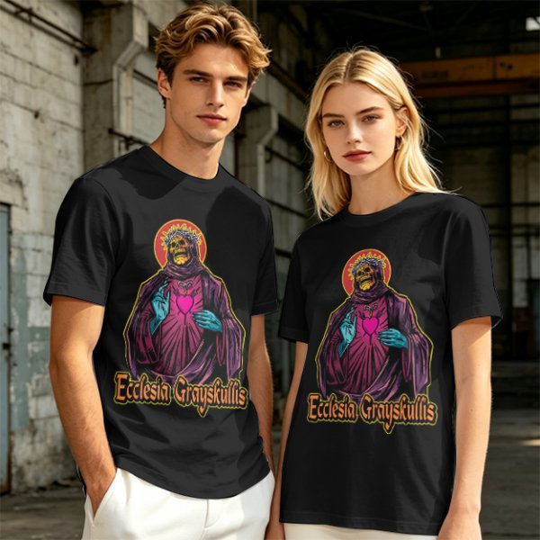 Olive t-shirt with skeleton religious graphic and Ecclesia Grayskullis text