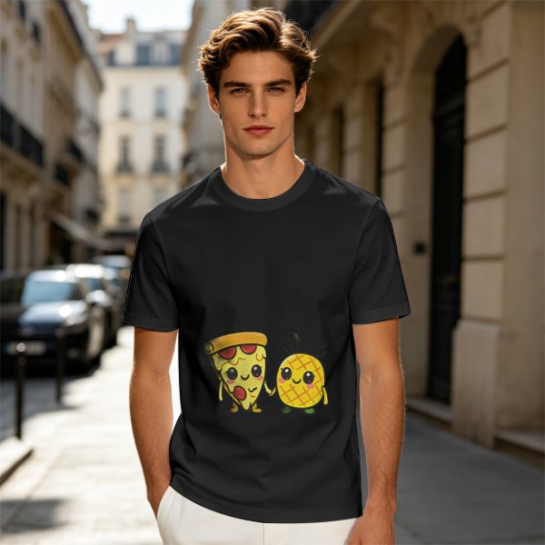 Olive T-Shirt with Cute Pizza and Pineapple Holding Hands Print