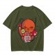 Olive Green T-Shirt With Cute Orange Cat Drinking Cocktail Graphic