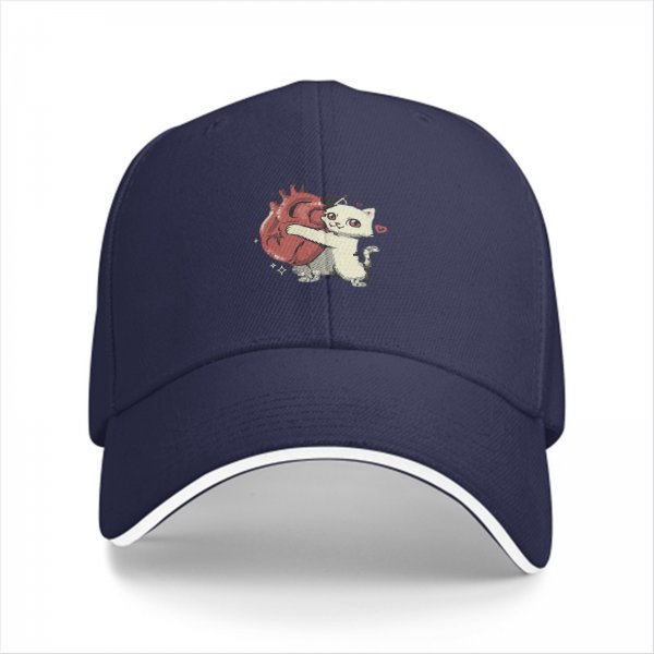 Black Baseball Cap With Cute White Cat Hugging Anatomical Heart Art