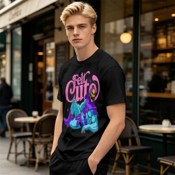 Olive t-shirt with 'Felt Cute' Skeletor graphic print