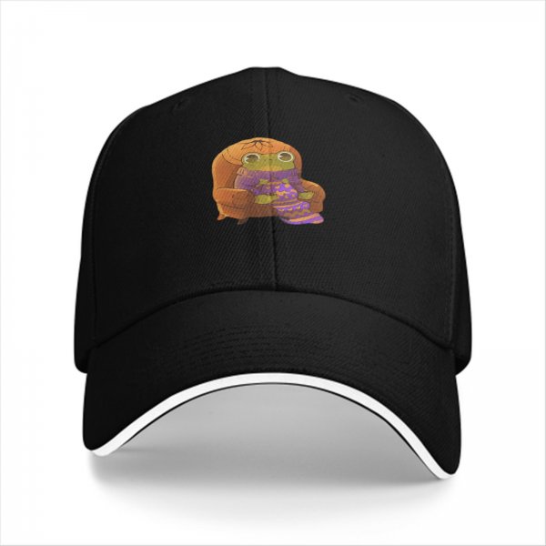 Black baseball cap with a cozy frog sitting in an armchair graphic