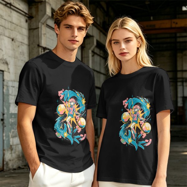 Olive anime graphic t-shirt with vibrant fantasy character art