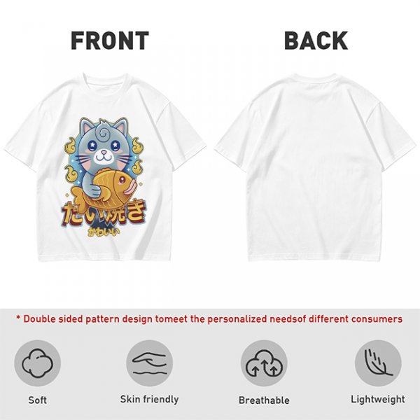 Olive green t-shirt with cute gray cat holding taiyaki graphic