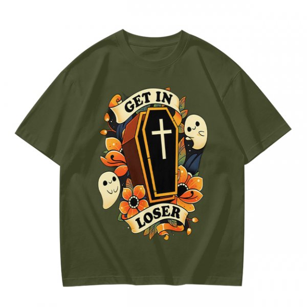 Olive Halloween T-Shirt with Get In Loser Coffin Ghost Floral Art