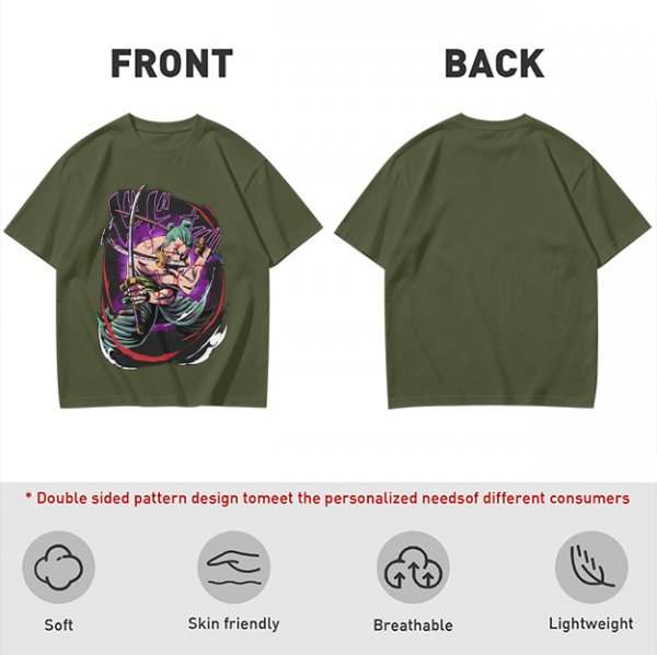 Olive T-shirt with One Piece Roronoa Zoro Three Sword Style Print