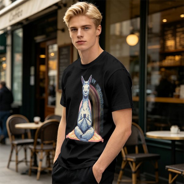 Olive T-Shirt With Meditating Llama Rainbow Graphic