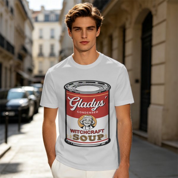 Olive T-Shirt With Gladys' Witchcraft Soup Can Graphic