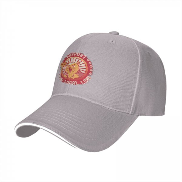 Black baseball cap with 'Support Your Local Lion' cat graphic