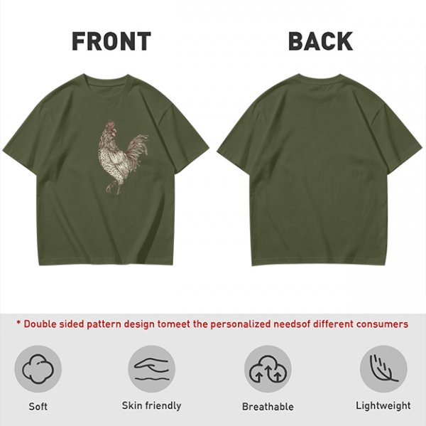 Olive Green T-Shirt With Vintage Rooster Graphic Print