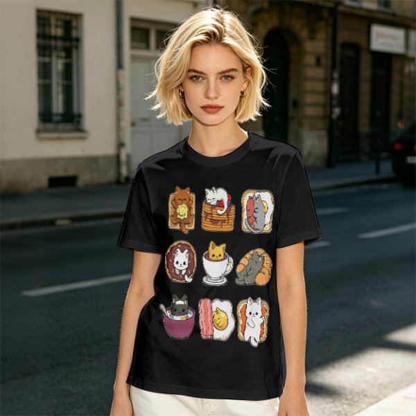 Olive T-Shirt With Cute Breakfast Cat Graphic Print