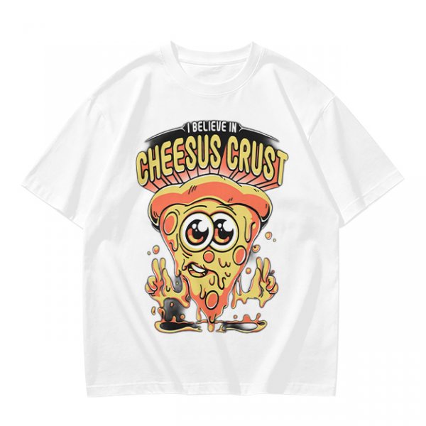 Olive t-shirt with 'I Believe In Cheesus Crust' pizza graphic