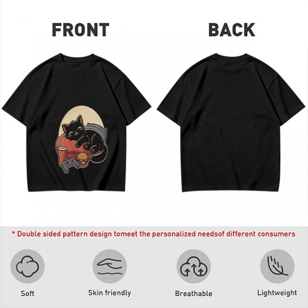 Olive T-Shirt with Relaxed Black Cat Gaming Snack Print