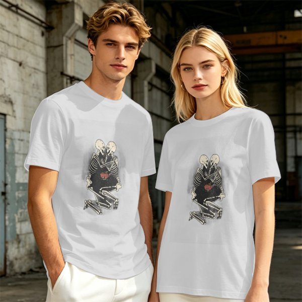 Olive T-Shirt With Skeleton Couple Embracing Red Heart Print