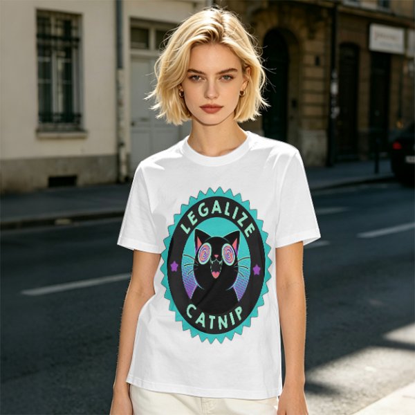 Olive T-Shirt with 'Legalize Catnip' Hypnotic Black Cat Graphic