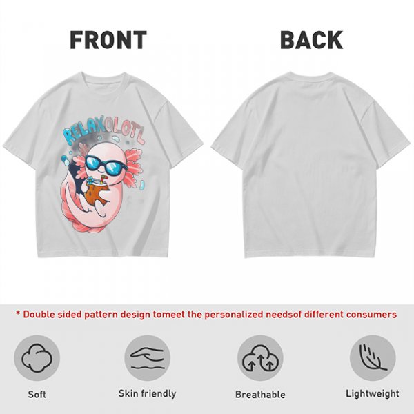 Olive t-shirt with a relaxed axolotl wearing sunglasses holding a drink