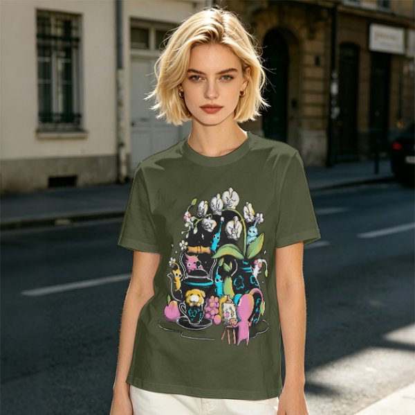 Olive T-Shirt With Whimsical Pikmin Themed Tea Party Art