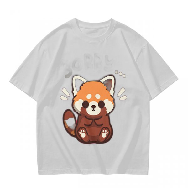 Olive T-Shirt With Cute Shy Red Panda Graphic Print