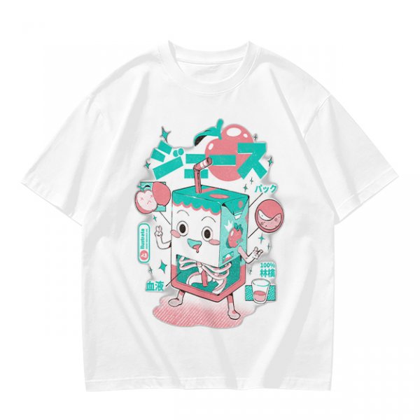 Olive t-shirt with a cartoon apple juice box skeleton graphic