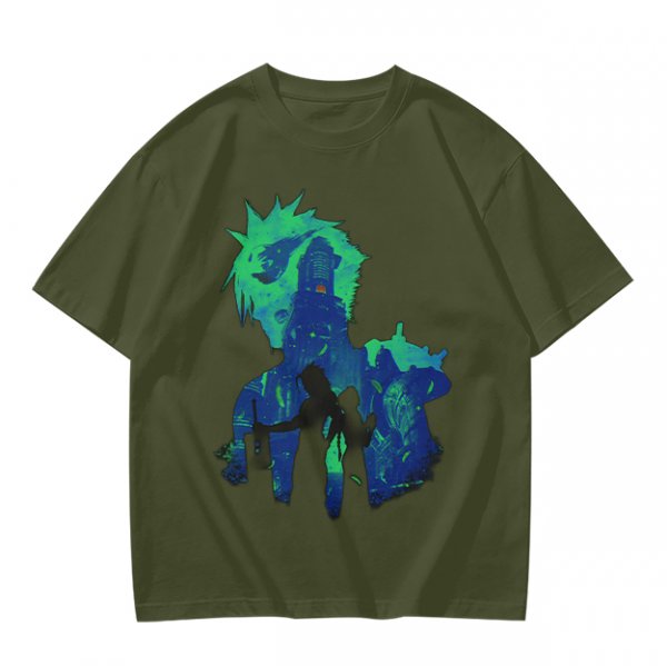 Olive Green Anime Graphic T-Shirt with Spiky Character Art