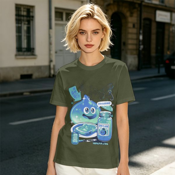 Olive green t-shirt with a slime jam graphic design