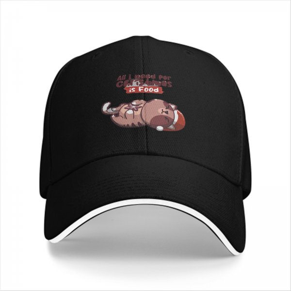 Black baseball cap with Christmas cat 'All I need for Christmas is food' print