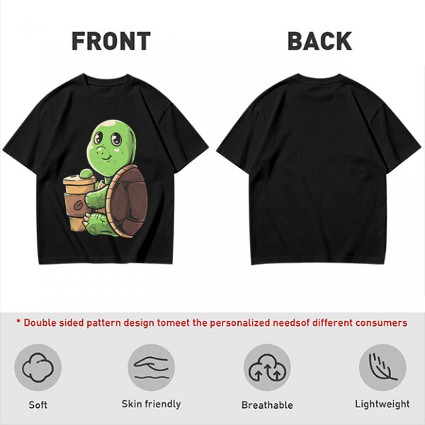 Olive Green T-Shirt With Cute Turtle Holding Coffee Cup Print