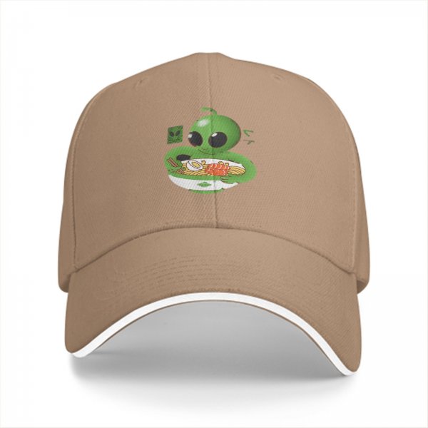 Black Baseball Cap with Cute Alien Eating Ramen Graphic