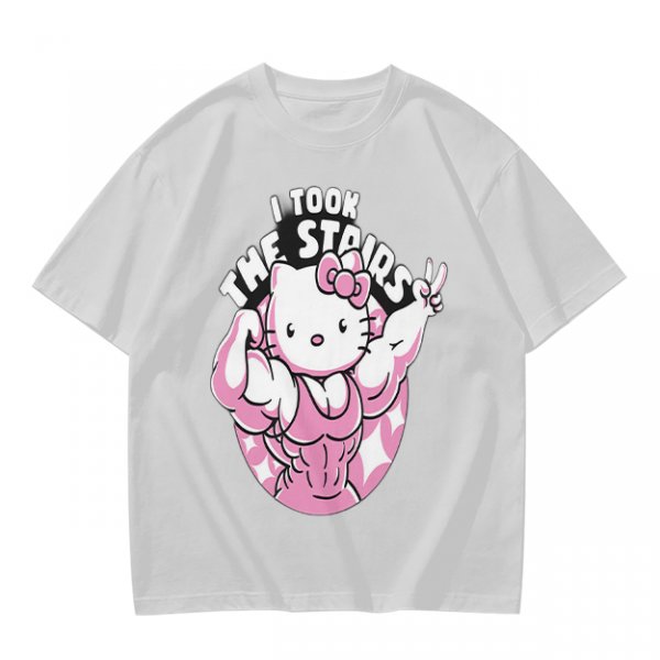 Olive t-shirt with muscular Hello Kitty graphic and 'I Took The Stairs' text