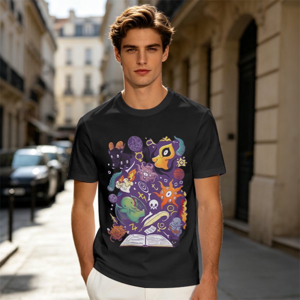 Olive T-Shirt With Cute Occult Monster And Spell Book Print