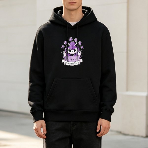 Black hoodie with purple cat wizard graphic and banner design