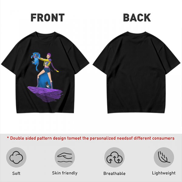 Olive T-shirt with Art Print of Girl Holding Blue Creature on Floating Rock