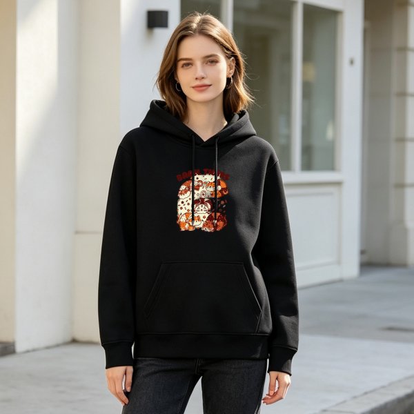 Black hoodie with cute animal and pastry graphic print