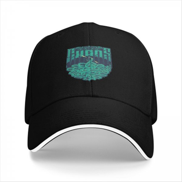 Black baseball cap with teal snake and text graphic