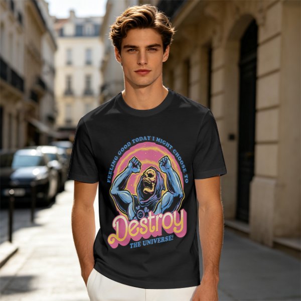 Olive t-shirt with Skeletor 'Feeling Good Today I Might Choose To Destroy The Universe' print
